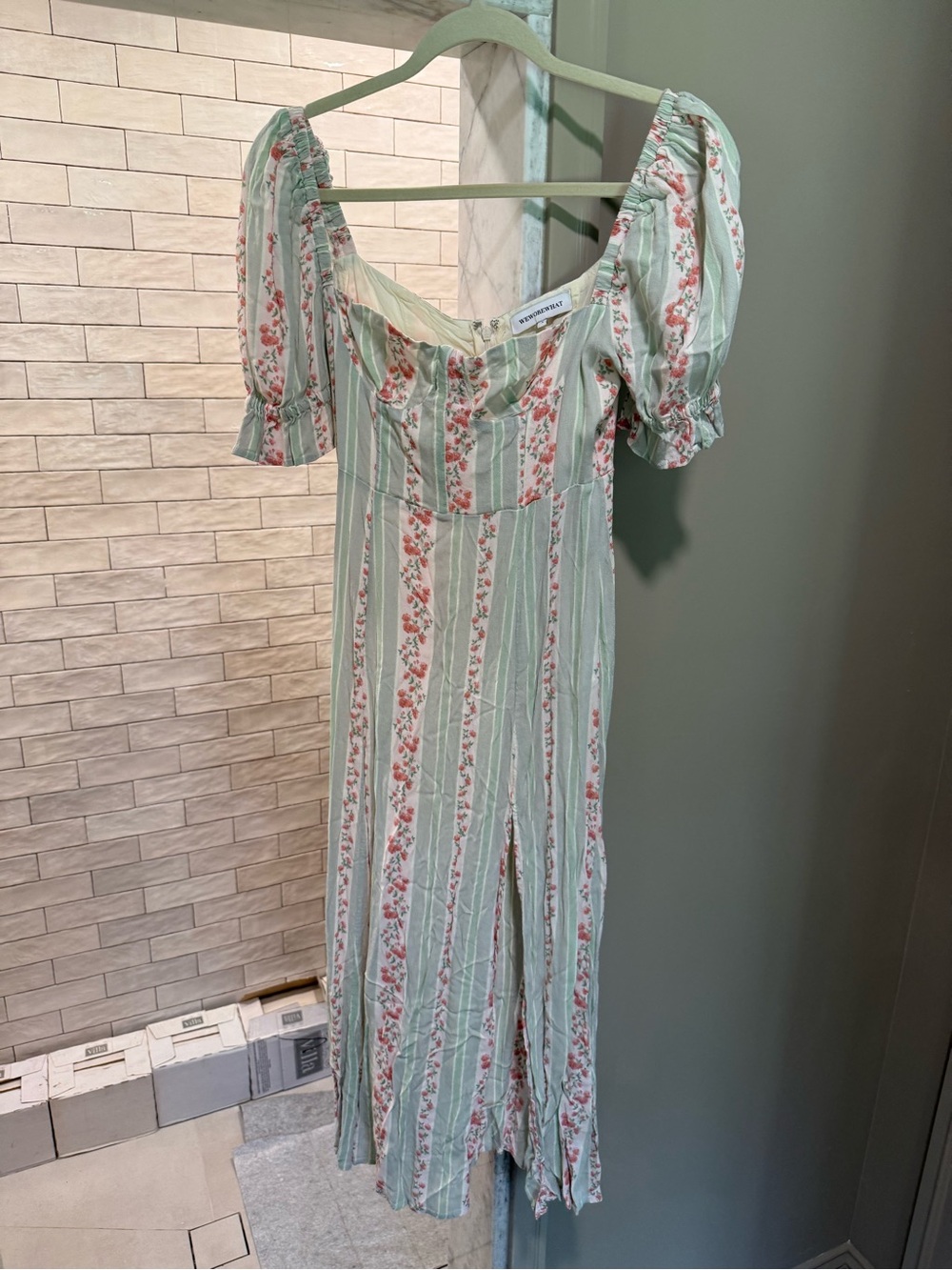 WeWoreWhat Mint Green and Pink Striped Floral Midi Dress